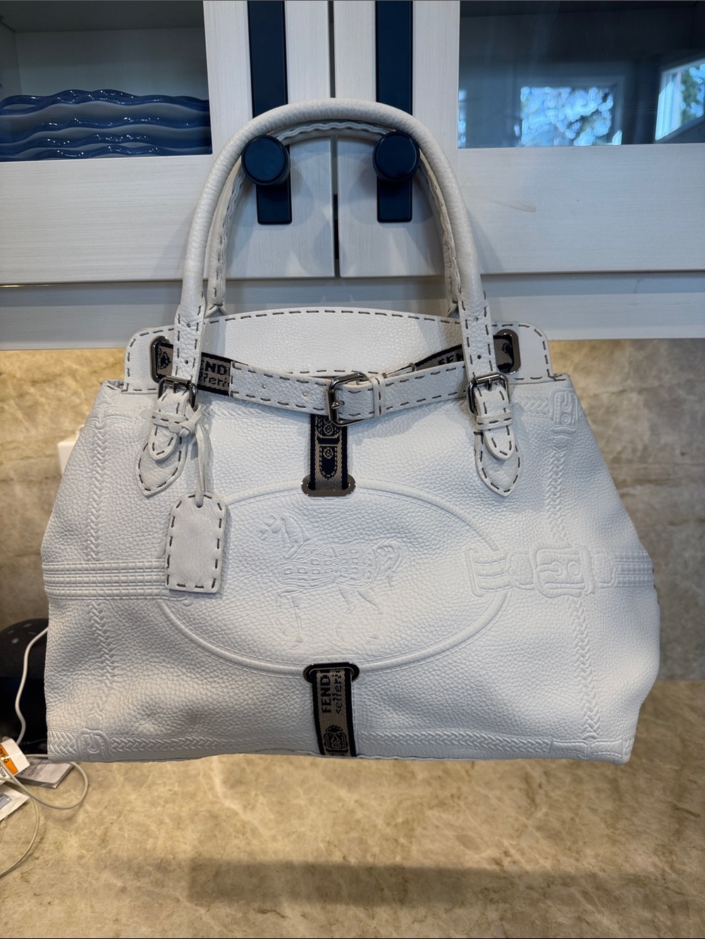 Fendi Casa Selleria White Leather Satchel with Stitch & Buckle Accents